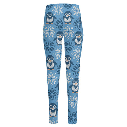 Snowy Penguin Knitted Pattern Print High-Waisted Pocket Leggings