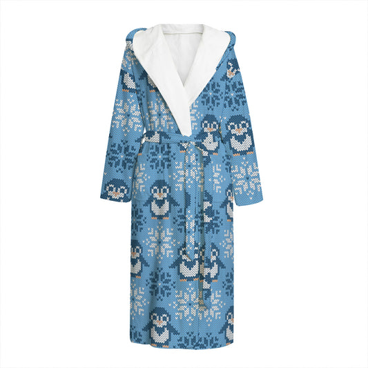 Snowy Penguin Knitted Pattern Print Hooded Bathrobe