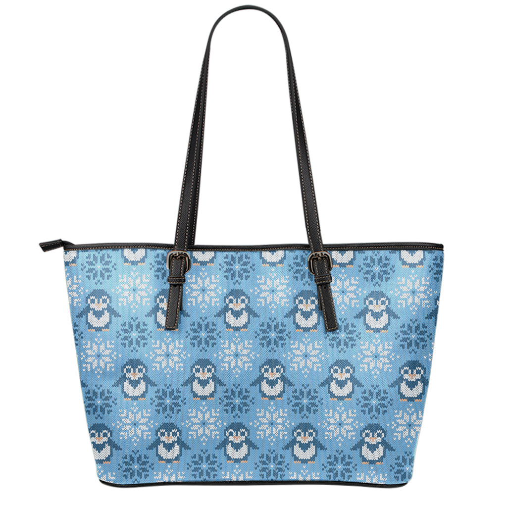 Snowy Penguin Knitted Pattern Print Leather Tote Bag