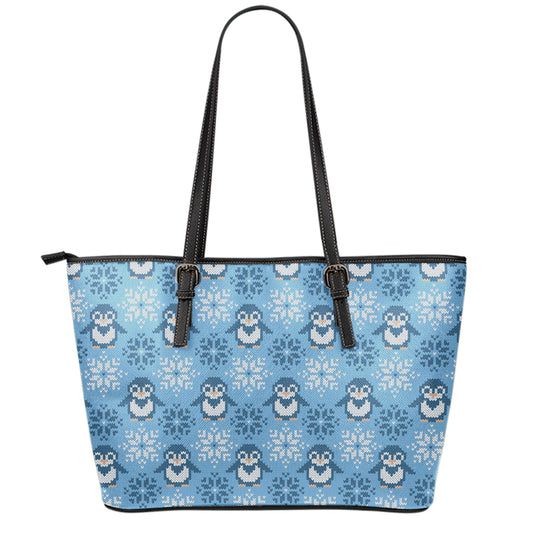 Snowy Penguin Knitted Pattern Print Leather Tote Bag