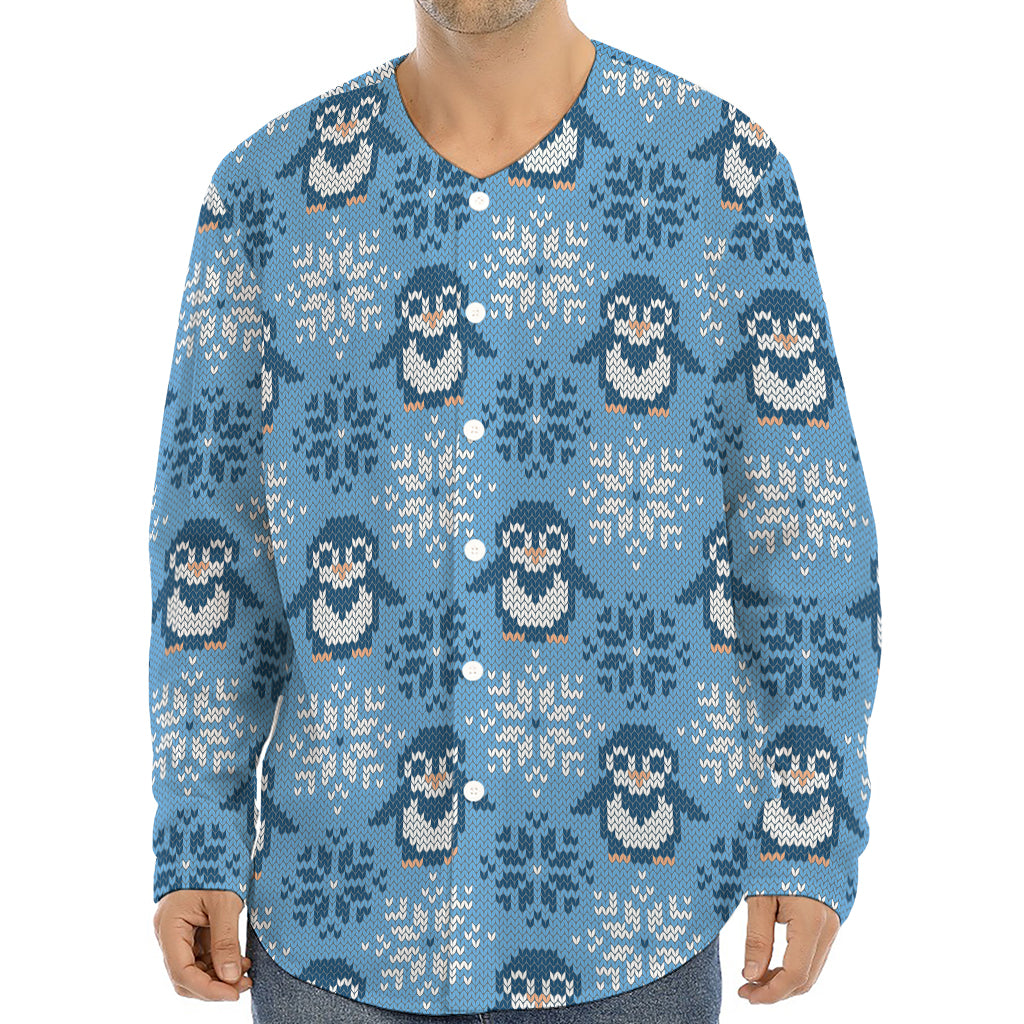 Snowy Penguin Knitted Pattern Print Long Sleeve Baseball Jersey