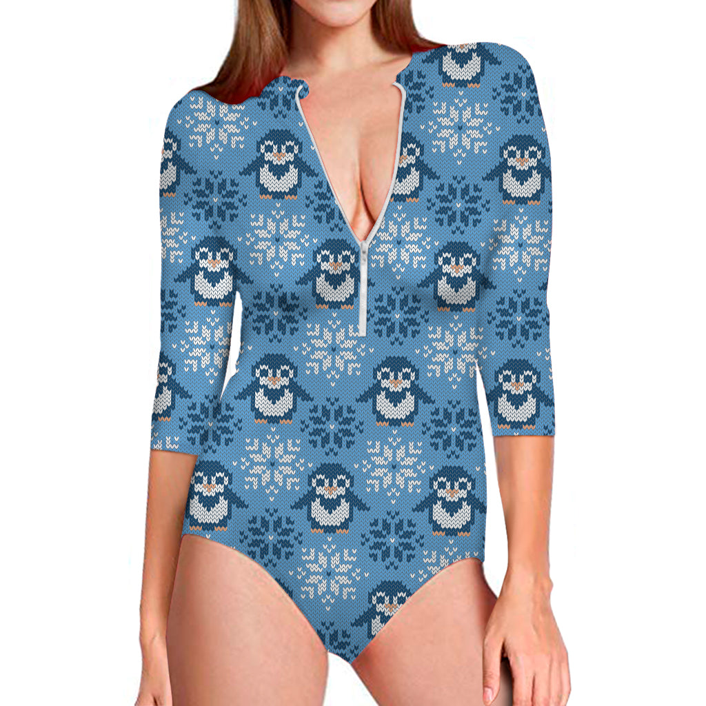 Snowy Penguin Knitted Pattern Print Long Sleeve Swimsuit
