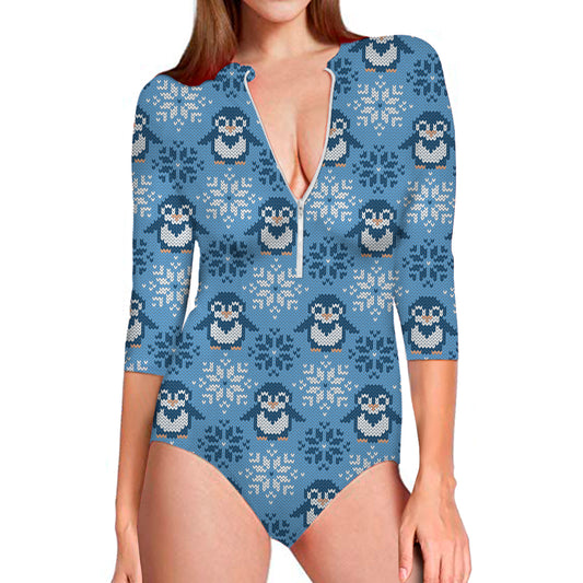 Snowy Penguin Knitted Pattern Print Long Sleeve Swimsuit