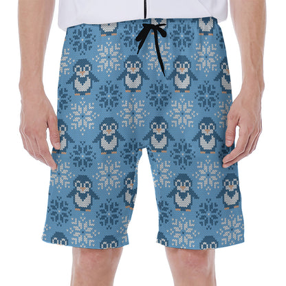 Snowy Penguin Knitted Pattern Print Men's Beach Shorts
