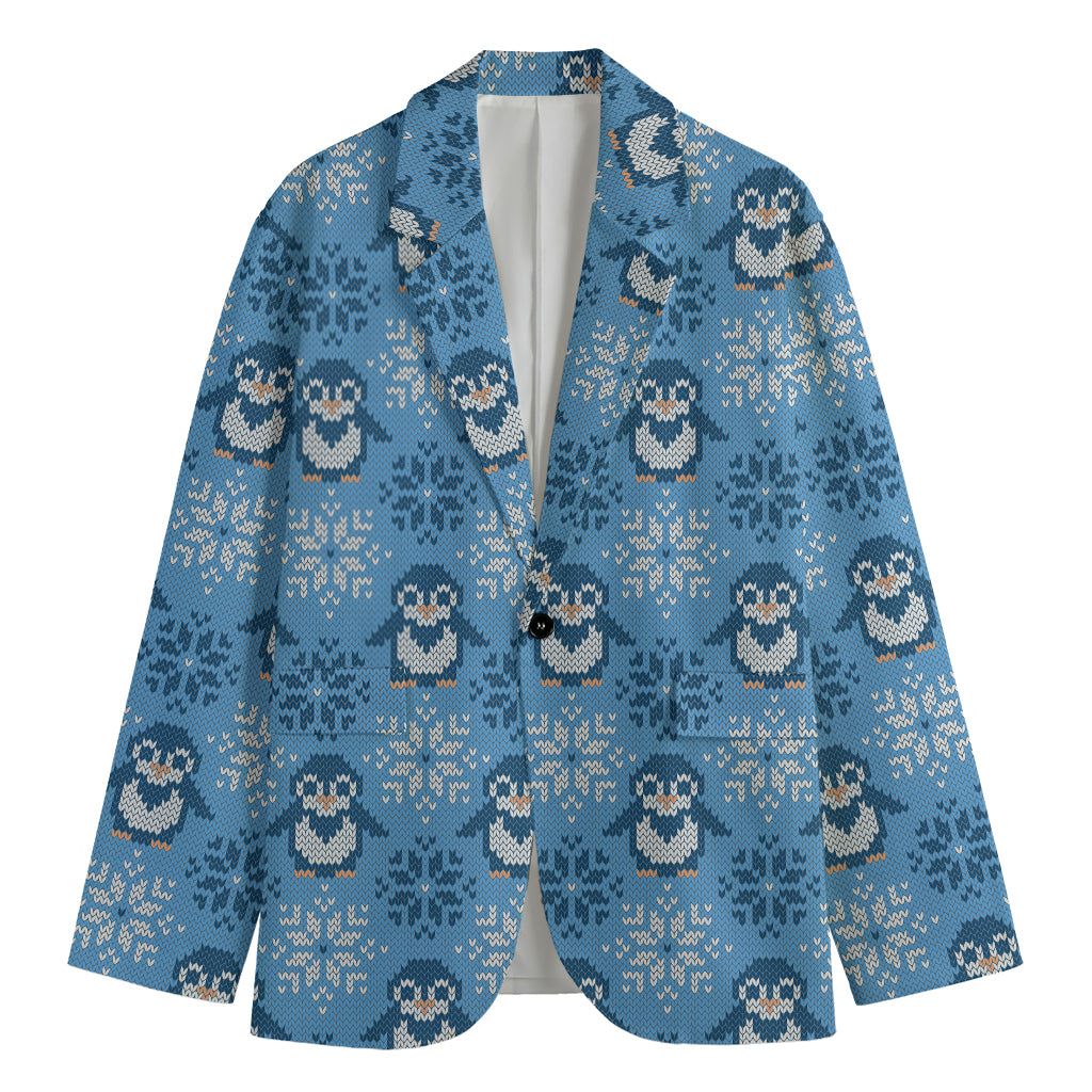 Snowy Penguin Knitted Pattern Print Men's Cotton Blazer