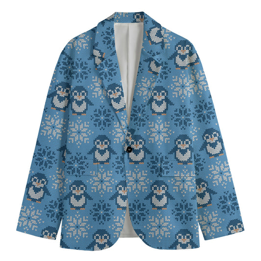 Snowy Penguin Knitted Pattern Print Men's Cotton Blazer