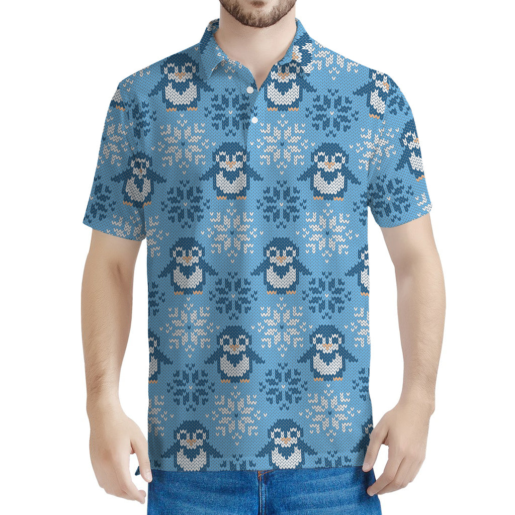 Snowy Penguin Knitted Pattern Print Men's Polo Shirt