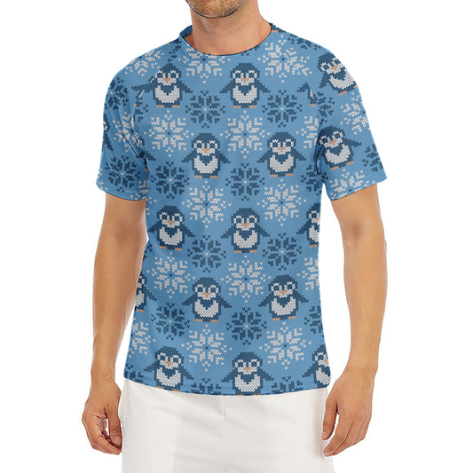 Snowy Penguin Knitted Pattern Print Men's Short Sleeve Rash Guard