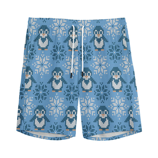 Snowy Penguin Knitted Pattern Print Men's Sports Shorts