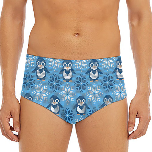 Snowy Penguin Knitted Pattern Print Men's Triangle Swim Briefs