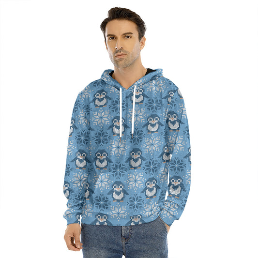 Snowy Penguin Knitted Pattern Print Men's Velvet Pullover Hoodie