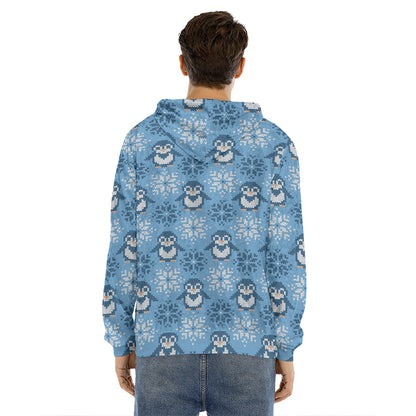 Snowy Penguin Knitted Pattern Print Men's Velvet Pullover Hoodie