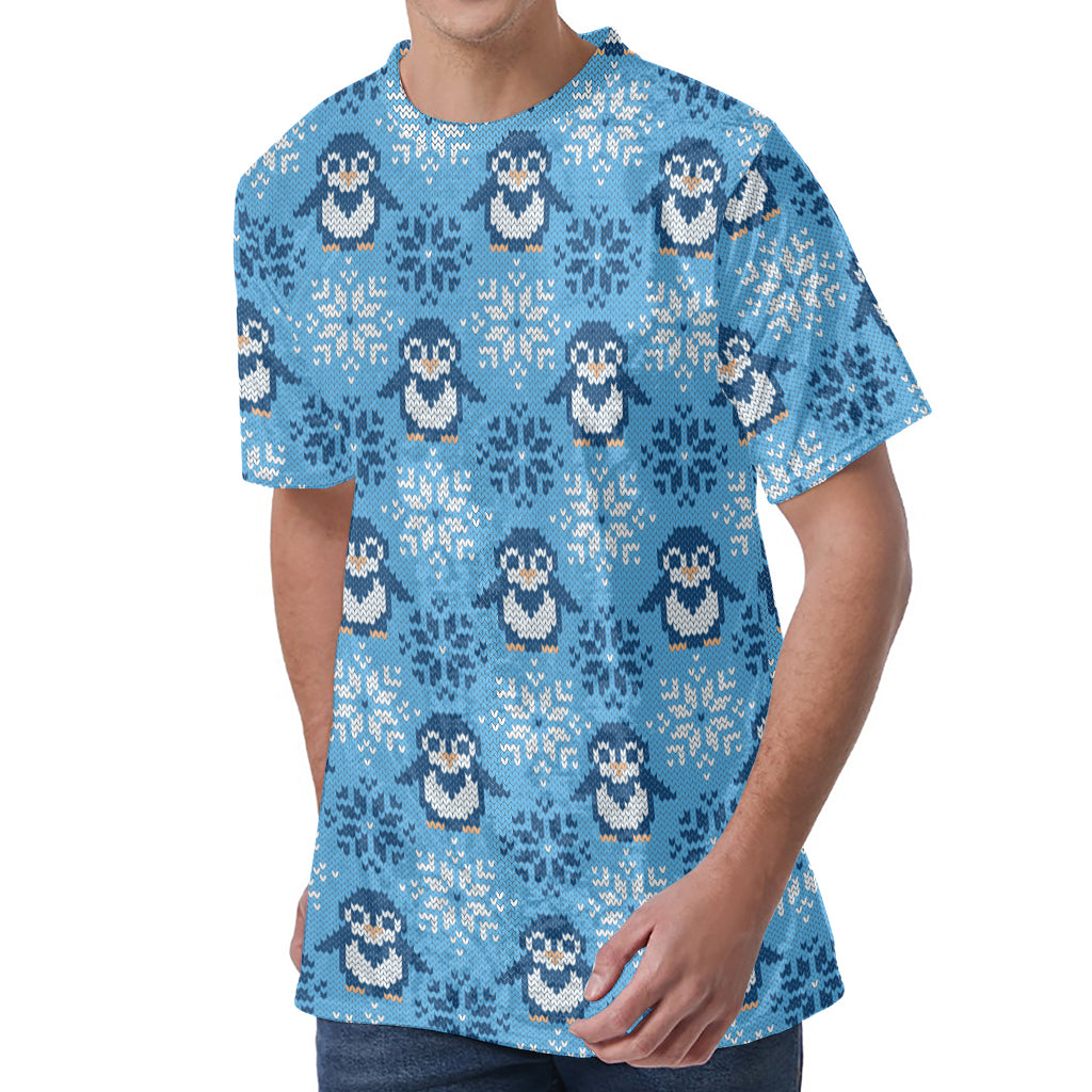 Snowy Penguin Knitted Pattern Print Men's Velvet T-Shirt