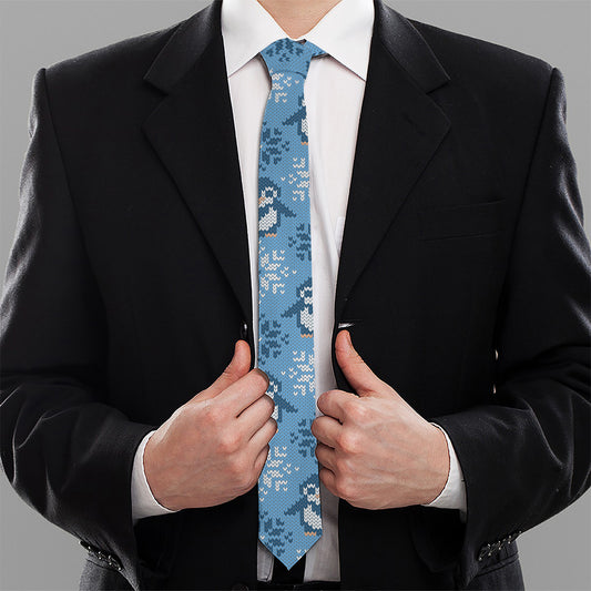 Snowy Penguin Knitted Pattern Print Necktie