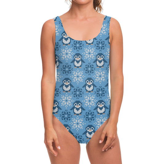 Snowy Penguin Knitted Pattern Print One Piece Swimsuit