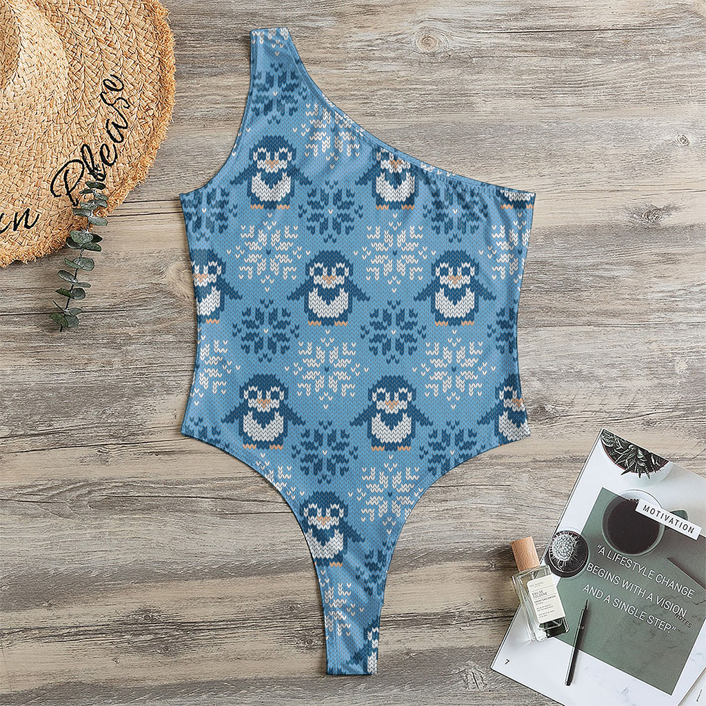 Snowy Penguin Knitted Pattern Print One Shoulder Bodysuit