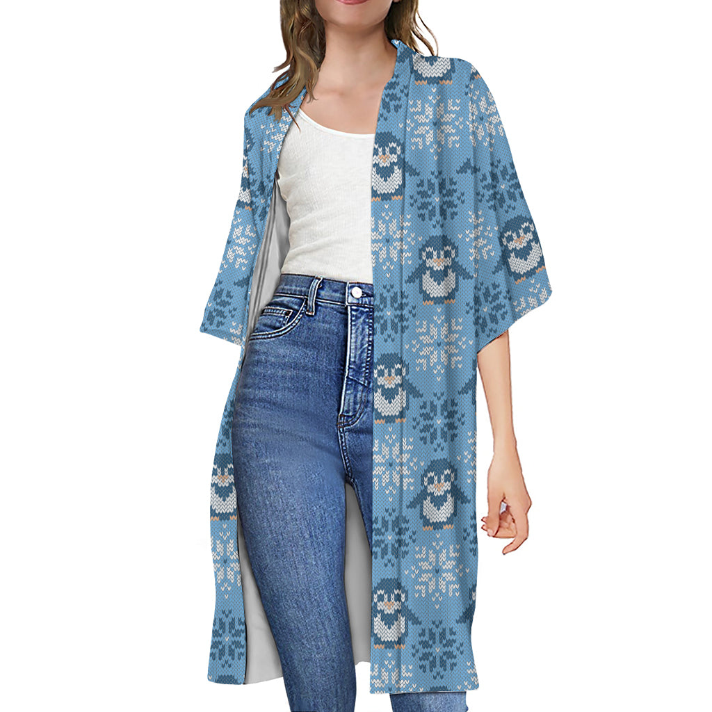Snowy Penguin Knitted Pattern Print Open Front Beach Cover Up