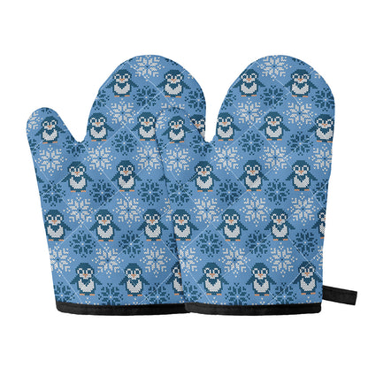 Snowy Penguin Knitted Pattern Print Oven Mitts