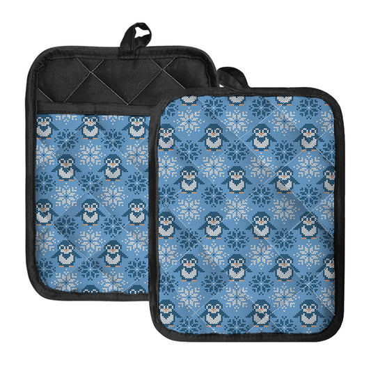 Snowy Penguin Knitted Pattern Print Pot Holders With Pocket