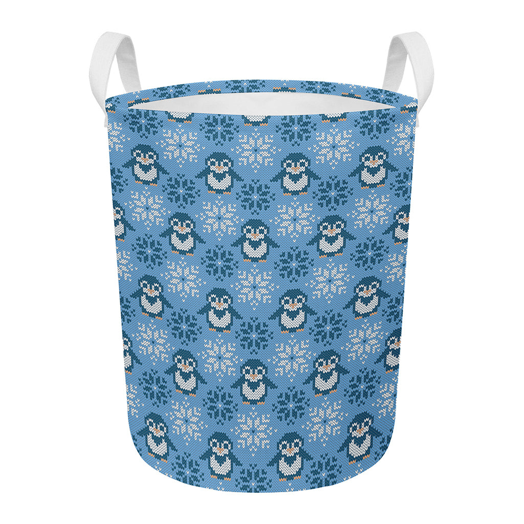 Snowy Penguin Knitted Pattern Print Round Laundry Basket