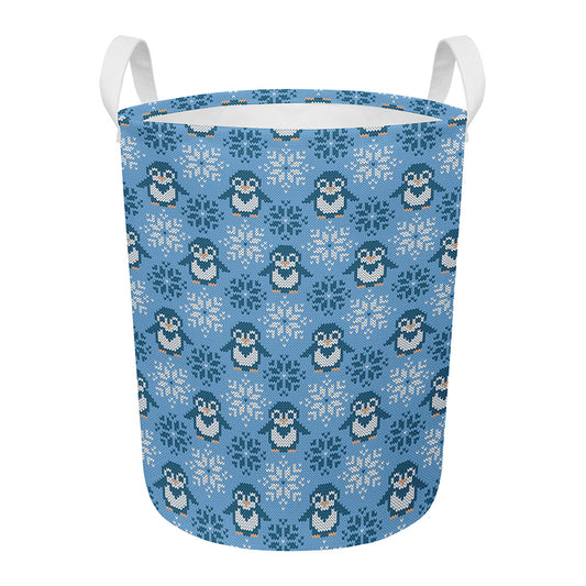 Snowy Penguin Knitted Pattern Print Round Laundry Basket