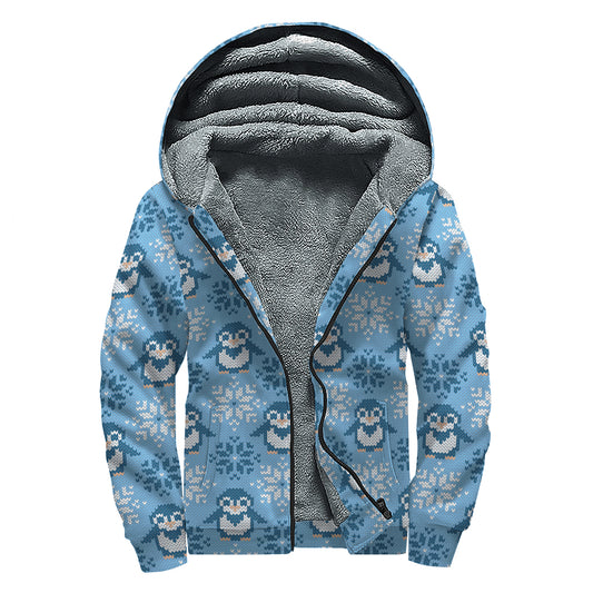 Snowy Penguin Knitted Pattern Print Sherpa Lined Zip Up Hoodie
