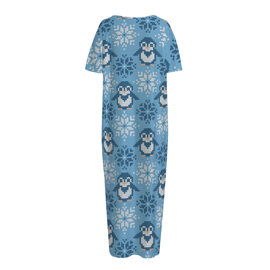 Snowy Penguin Knitted Pattern Print Short Sleeve Long Nightdress