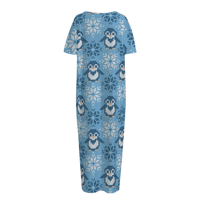 Snowy Penguin Knitted Pattern Print Short Sleeve Long Nightdress