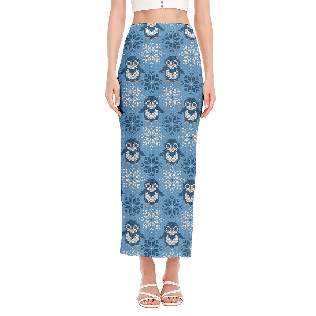Snowy Penguin Knitted Pattern Print Side Slit Maxi Skirt