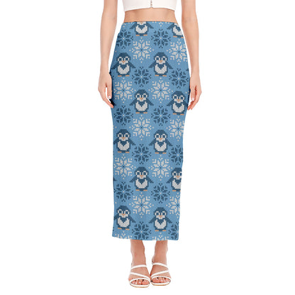 Snowy Penguin Knitted Pattern Print Side Slit Maxi Skirt