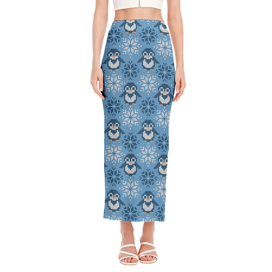 Snowy Penguin Knitted Pattern Print Side Slit Maxi Skirt