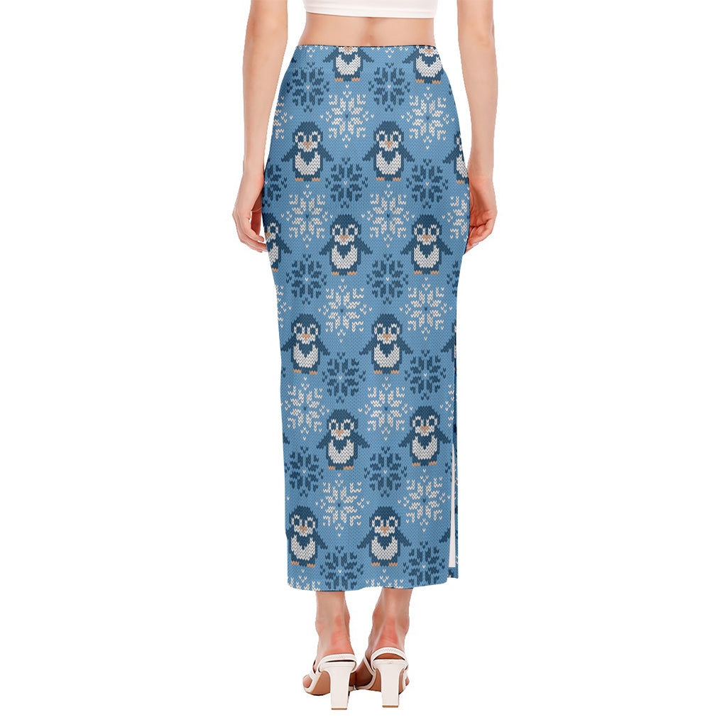 Snowy Penguin Knitted Pattern Print Side Slit Maxi Skirt