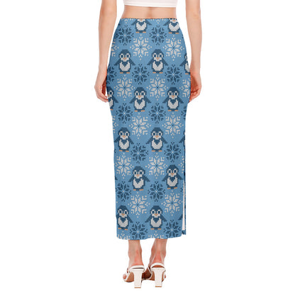 Snowy Penguin Knitted Pattern Print Side Slit Maxi Skirt