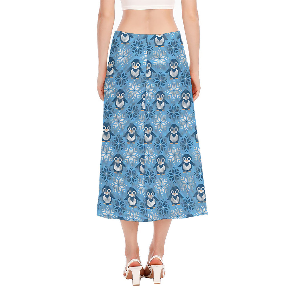 Snowy Penguin Knitted Pattern Print Side Slit Midi Skirt