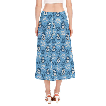 Snowy Penguin Knitted Pattern Print Side Slit Midi Skirt