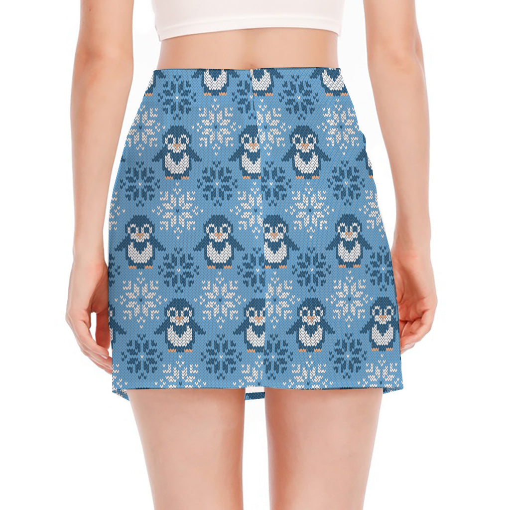 Snowy Penguin Knitted Pattern Print Side Slit Mini Skirt