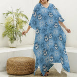 Snowy Penguin Knitted Pattern Print Silk V-Neck Kaftan Dress
