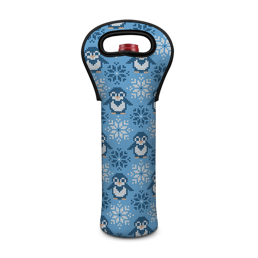 Snowy Penguin Knitted Pattern Print Single Neoprene Wine Tote
