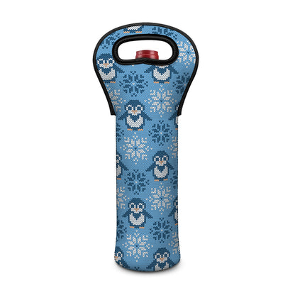 Snowy Penguin Knitted Pattern Print Single Neoprene Wine Tote
