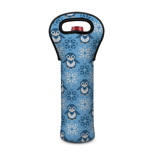 Snowy Penguin Knitted Pattern Print Single Neoprene Wine Tote