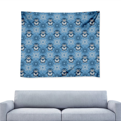 Snowy Penguin Knitted Pattern Print Tapestry