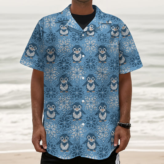 Snowy Penguin Knitted Pattern Print Textured Short Sleeve Shirt