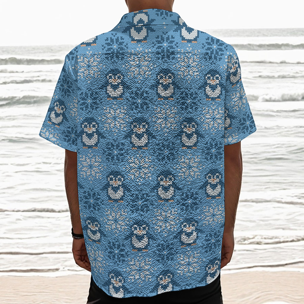 Snowy Penguin Knitted Pattern Print Textured Short Sleeve Shirt