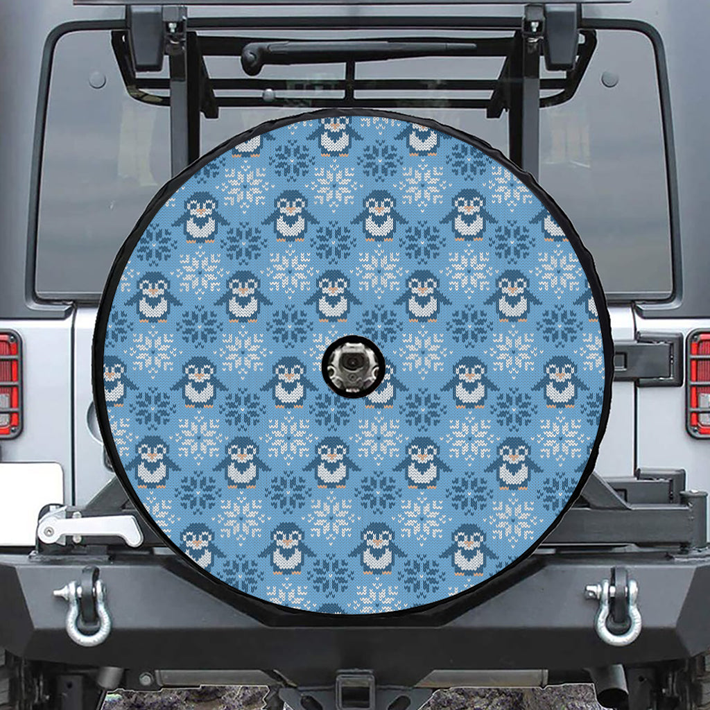 Snowy Penguin Knitted Pattern Print Tire Cover With Camera Hole