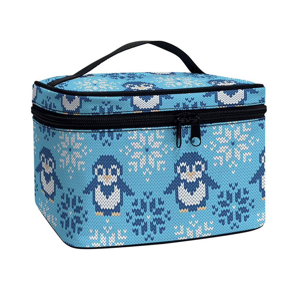 Snowy Penguin Knitted Pattern Print Travel Makeup Bag