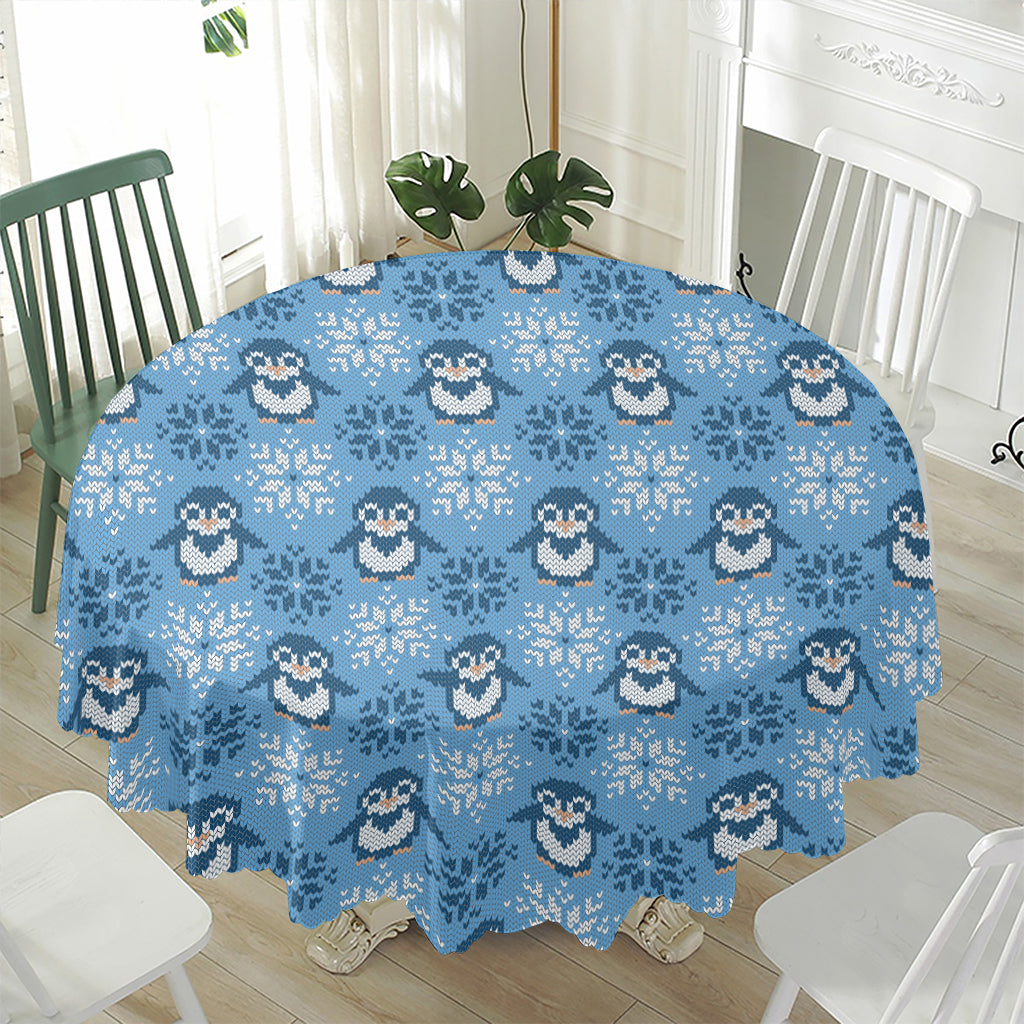 Snowy Penguin Knitted Pattern Print Waterproof Round Tablecloth