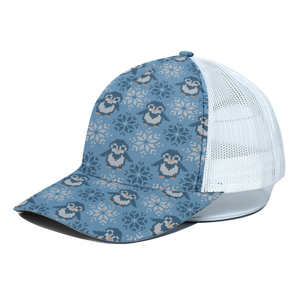 Snowy Penguin Knitted Pattern Print White Mesh Trucker Cap
