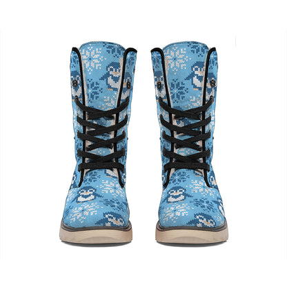 Snowy Penguin Knitted Pattern Print Winter Boots