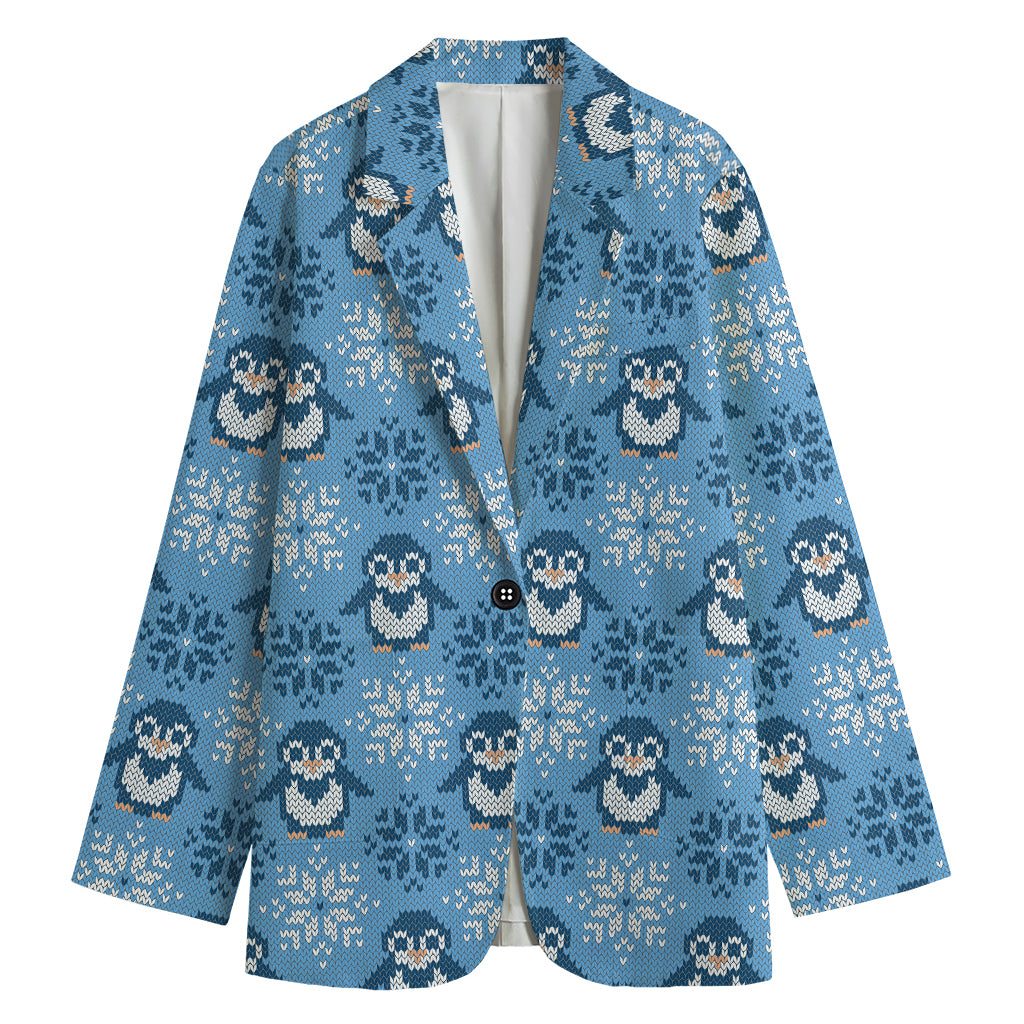 Snowy Penguin Knitted Pattern Print Women's Cotton Blazer