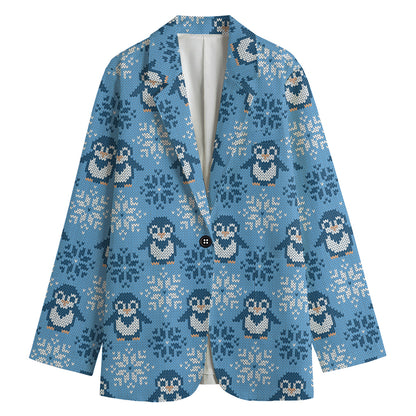 Snowy Penguin Knitted Pattern Print Women's Cotton Blazer